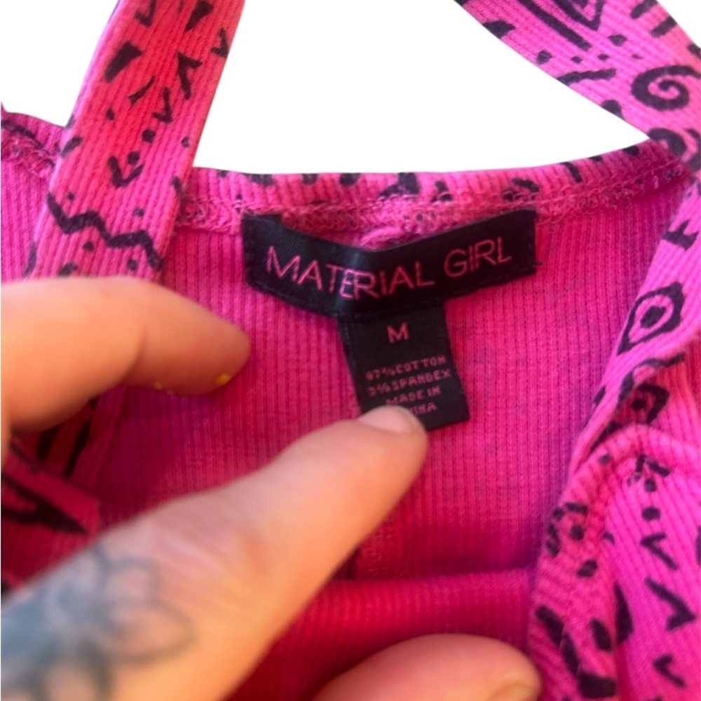 Y2K Material Girl Midi Bodycon Pink and Black Patterned Cutout Dress Ribbed - Picture 3 of 5